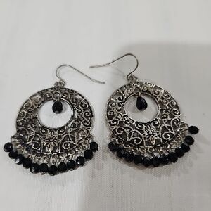 Source Unknown Silver and Black Chandelier Earrings